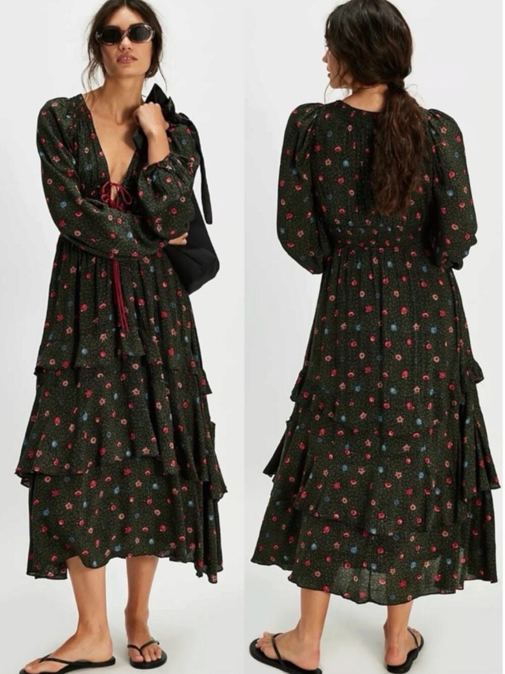 Free People Bohemian Gypsy Tiered Ruffle Maxi Dress Witchy Plunge Fall XL